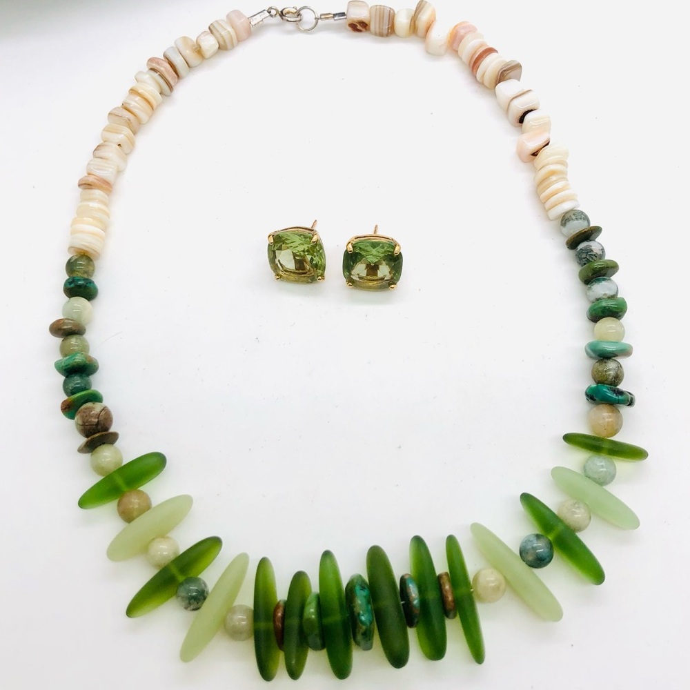 Vintage Beach Glass Stone Necklace & Green Crystal Ea… Gem
